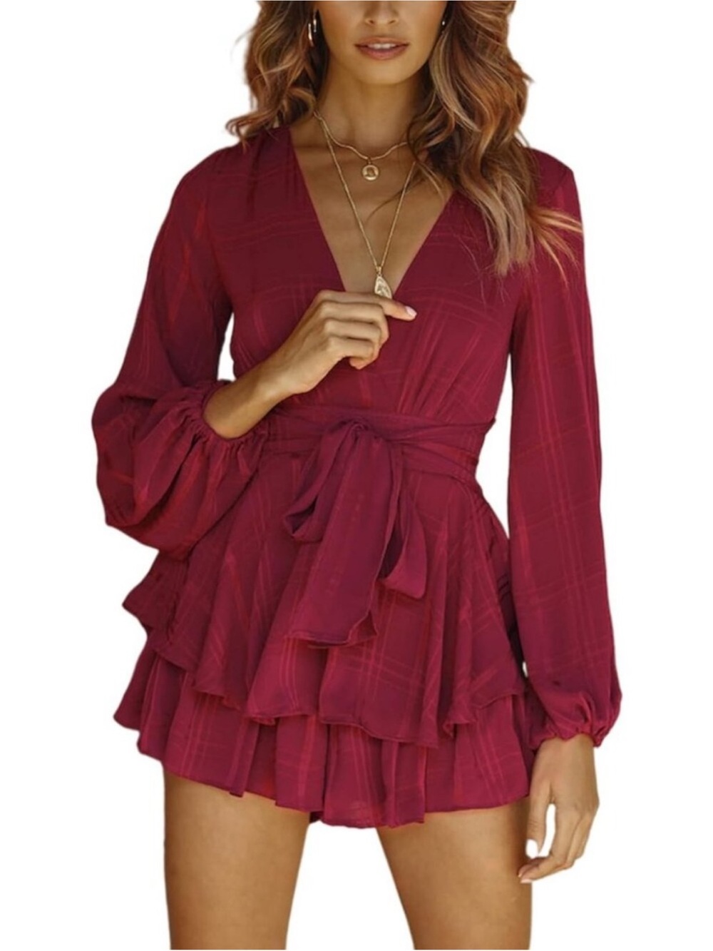 Selfie Leslie Burgundy Red V-Neck Ruffled Mini Romper